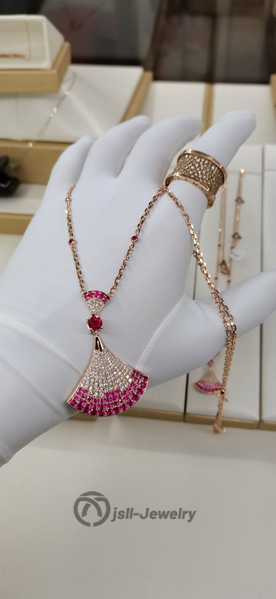 Jsll-Jewelry | 18K rose gold with diamonds, pink sapphires, oversized skirt necklace