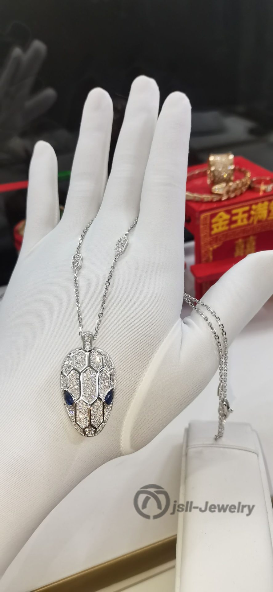 Jsll-Jewelry | 18K white gold with diamonds, sapphires, snake head pendant necklace