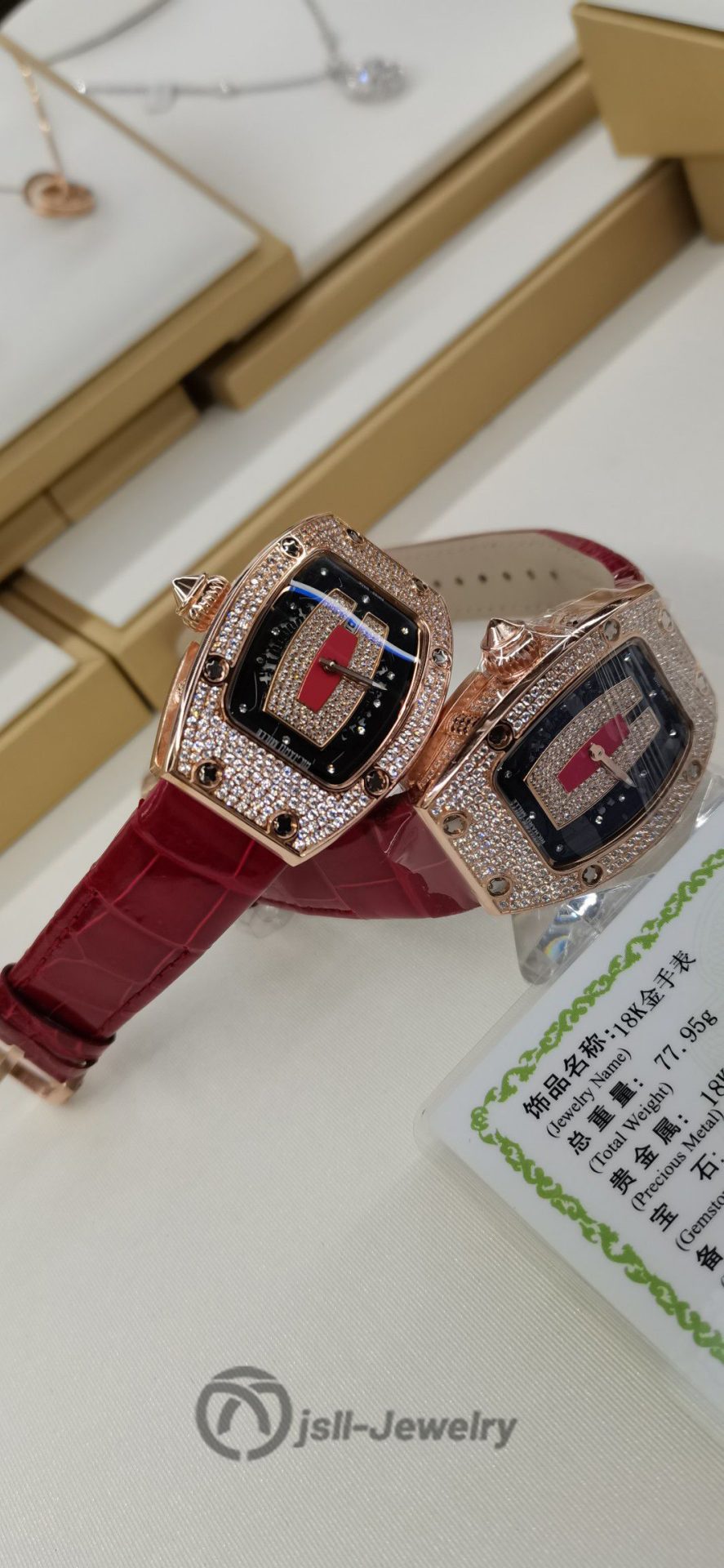 Jsll-Jewelry | Op with the American bright red crocodile +500, women's red lips watch（Gold plated）