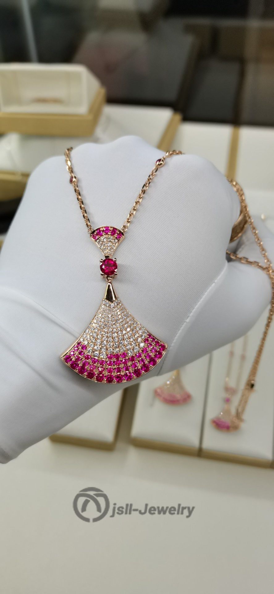 Jsll-Jewelry | 18K rose gold with diamonds, pink sapphires, oversized skirt necklace