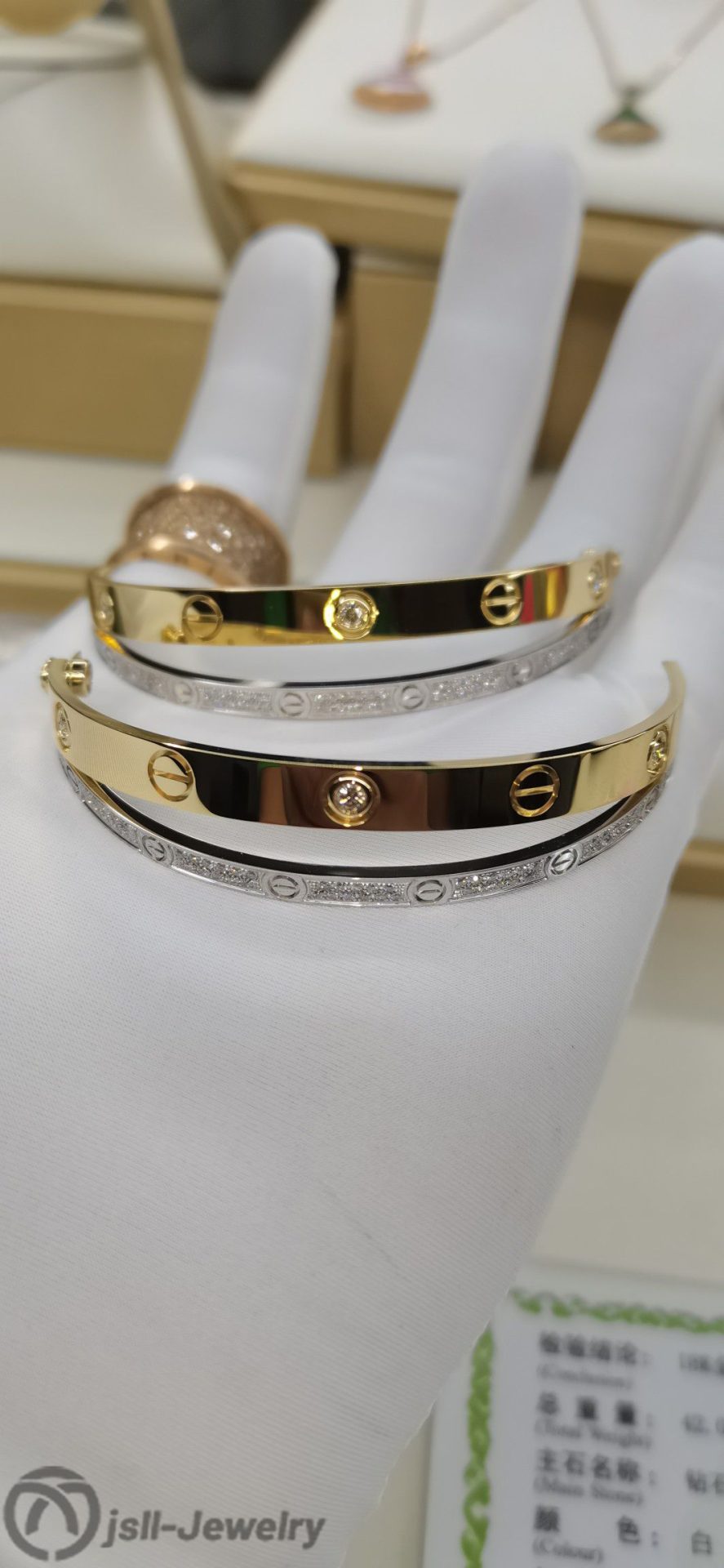 Jsll-Jewelry | 18K gold, 18K white gold with diamonds, wide and narrow combination bracelet