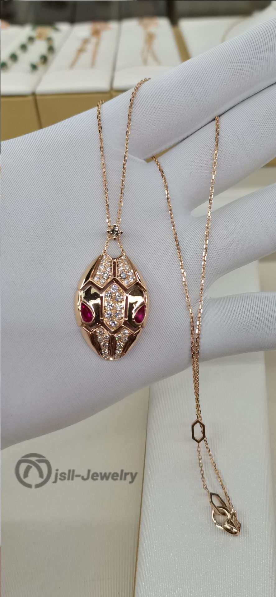 Jsll-Jewelry | 18K rose gold inlaid with diamonds, rubies, hollow snake head pendant necklace