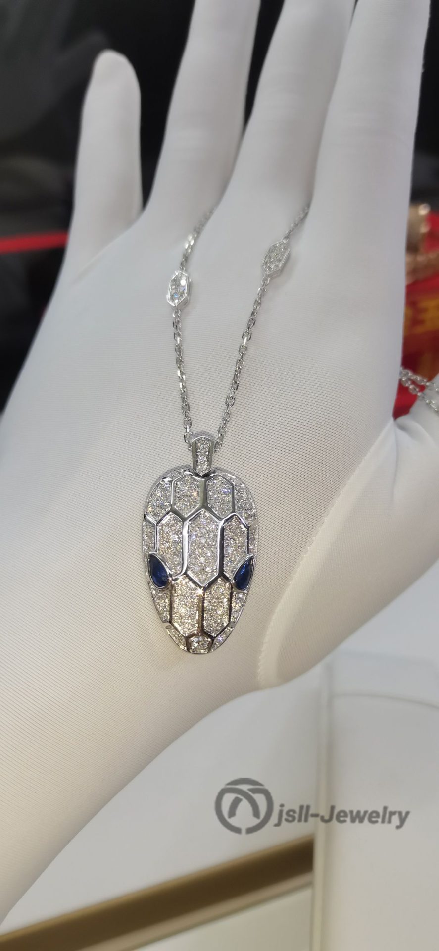 Jsll-Jewelry | 18K white gold with diamonds, sapphires, snake head pendant necklace