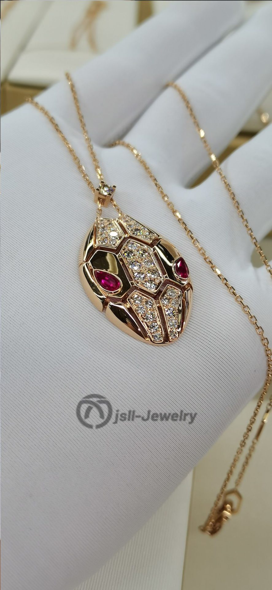 Jsll-Jewelry | 18K rose gold inlaid with diamonds, rubies, hollow snake head pendant necklace