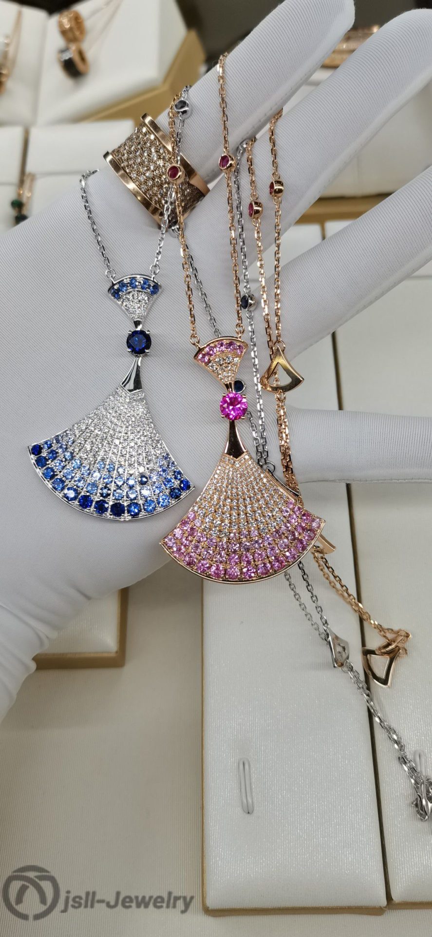 Jsll-Jewelry | 18K rose gold, white gold with diamonds, pink sapphires, sapphires, oversized skirt necklace