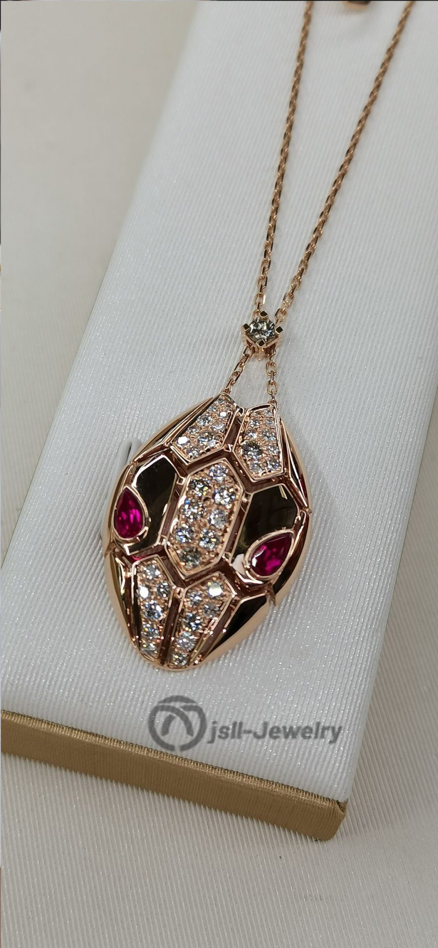 Jsll-Jewelry | 18K rose gold inlaid with diamonds, rubies, hollow snake head pendant necklace