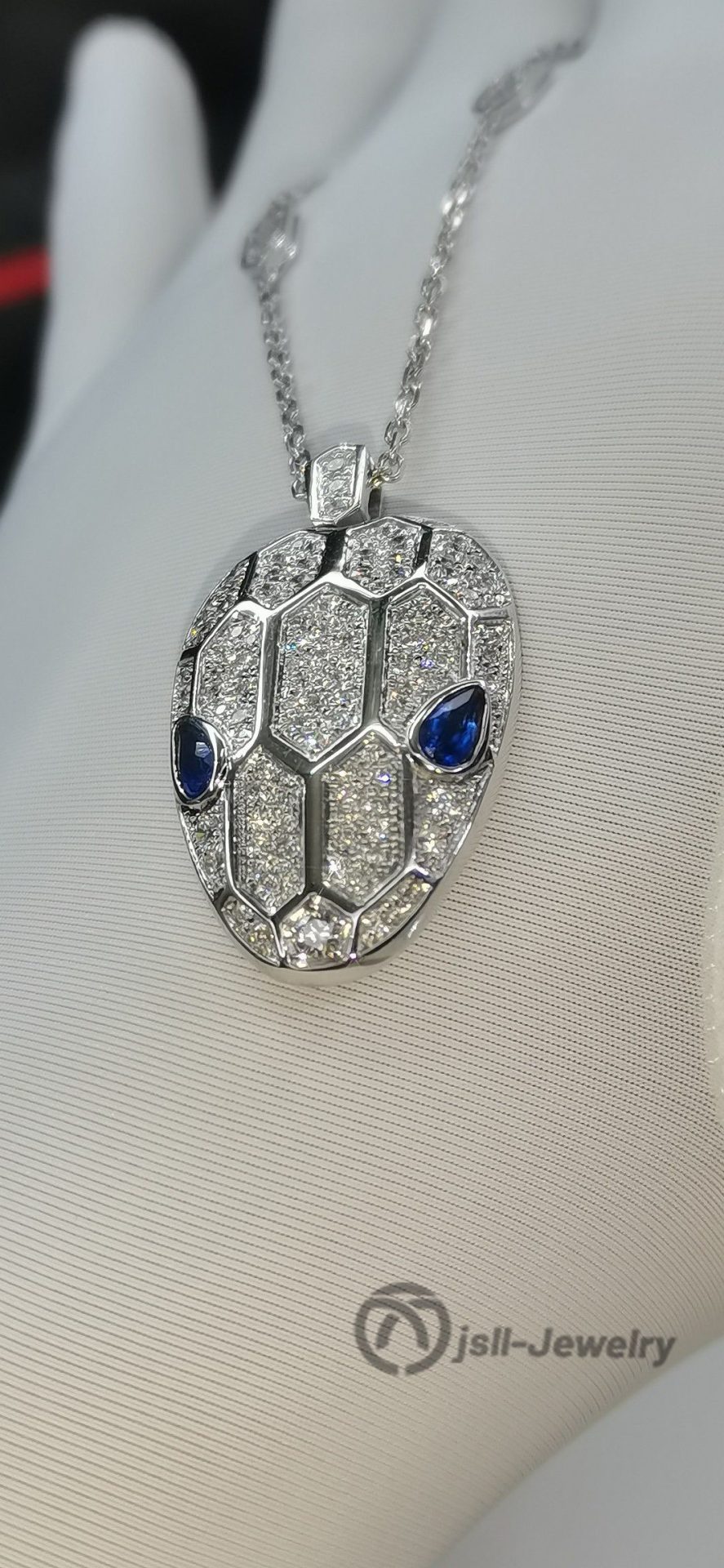 Jsll-Jewelry | 18K white gold with diamonds, sapphires, snake head pendant necklace