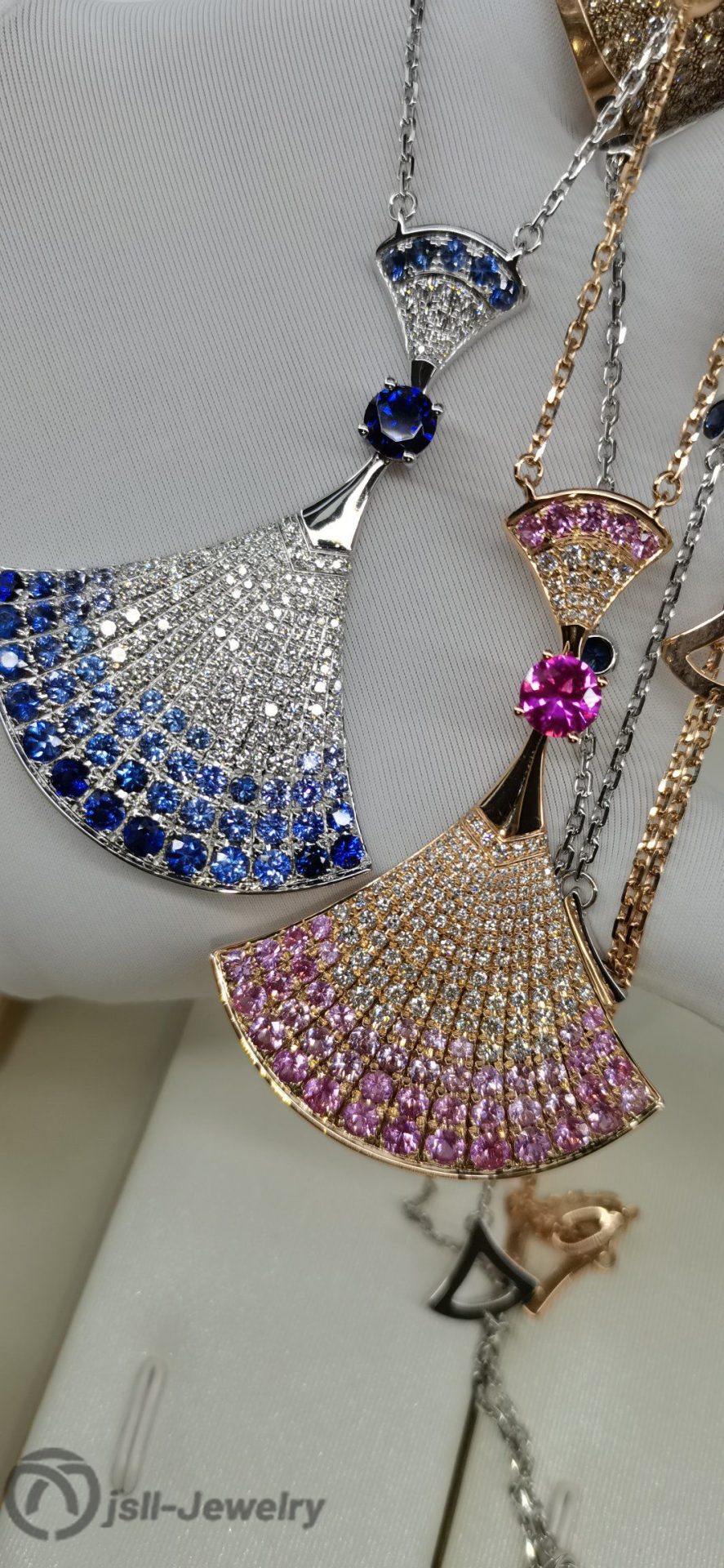 Jsll-Jewelry | 18K rose gold, white gold with diamonds, pink sapphires, sapphires, oversized skirt necklace