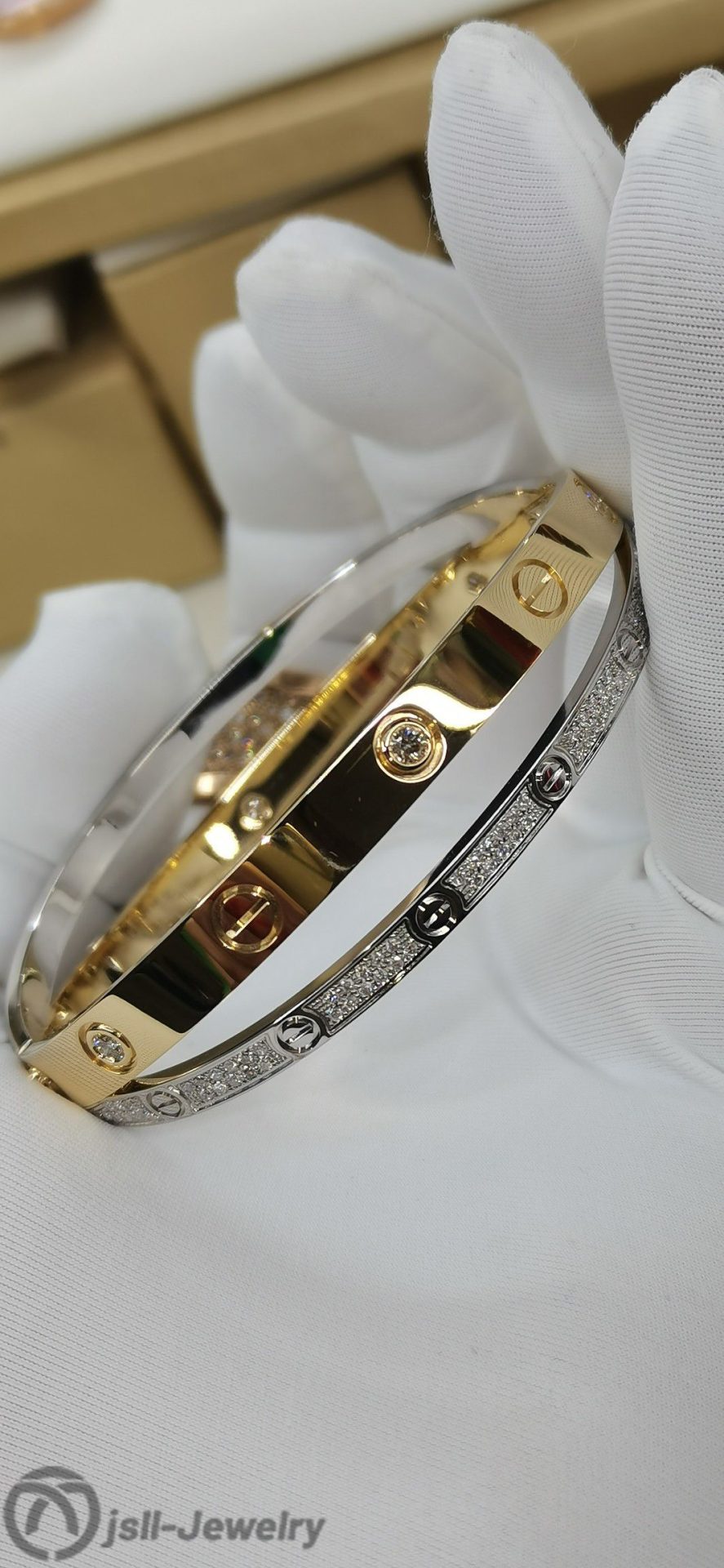 Jsll-Jewelry | 18K gold, 18K white gold with diamonds, wide and narrow combination bracelet