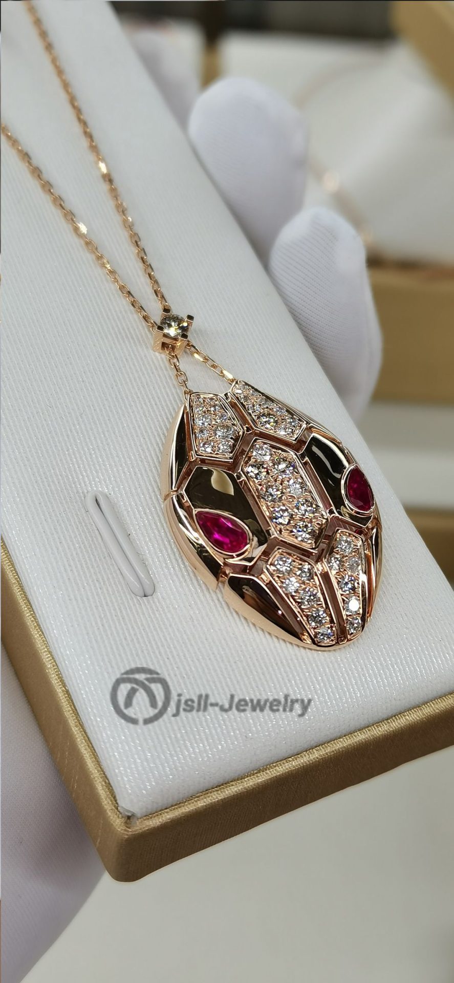 Jsll-Jewelry | 18K rose gold inlaid with diamonds, rubies, hollow snake head pendant necklace