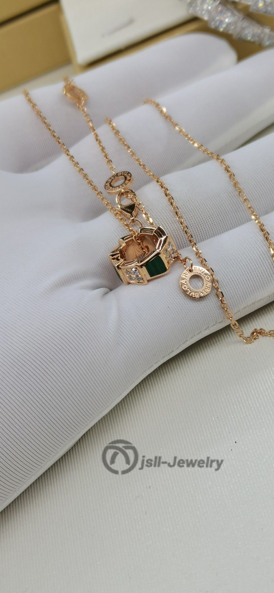 Jsll-Jewelry | 18K rose gold necklace with diamonds and malachite