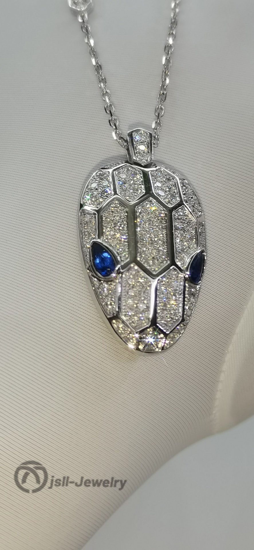 Jsll-Jewelry | 18K white gold with diamonds, sapphires, snake head pendant necklace