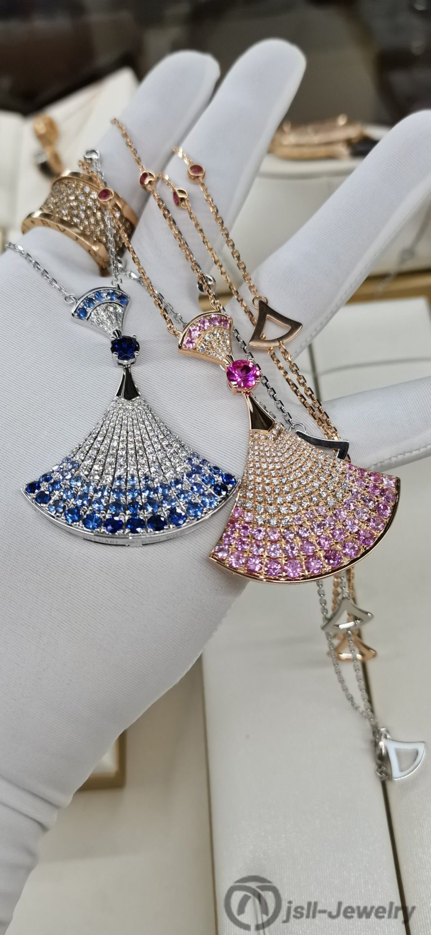 Jsll-Jewelry | 18K rose gold, white gold with diamonds, pink sapphires, sapphires, oversized skirt necklace