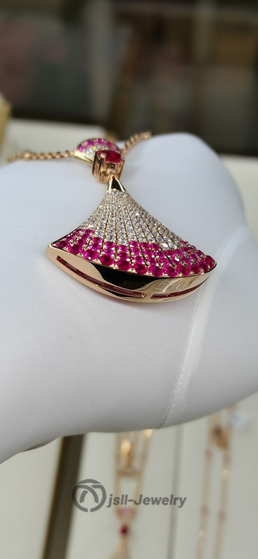 Jsll-Jewelry | 18K rose gold with diamonds, pink sapphires, oversized skirt necklace