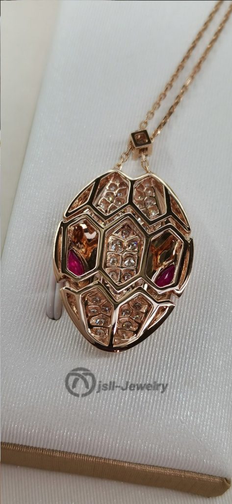 Jsll-Jewelry | 18K rose gold inlaid with diamonds, rubies, hollow snake head pendant necklace