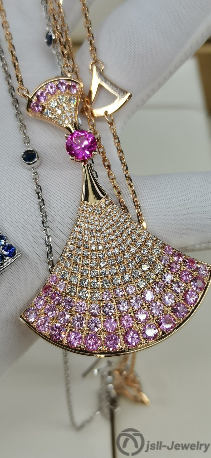 Jsll-Jewelry | 18K rose gold, white gold with diamonds, pink sapphires, sapphires, oversized skirt necklace