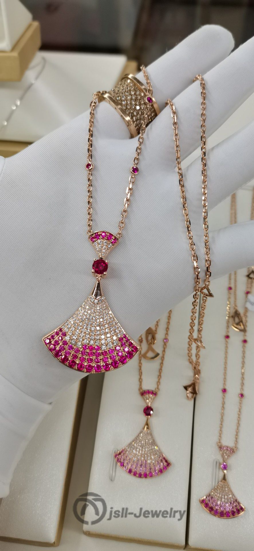 Jsll-Jewelry | 18K rose gold with diamonds, pink sapphires, oversized skirt necklace