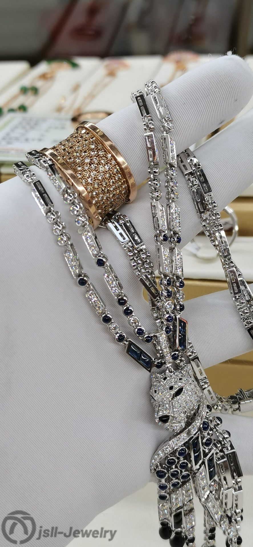 Jsll-Jewelry | 18K white gold set with diamonds, precious stones, luxury edition leopard head necklace