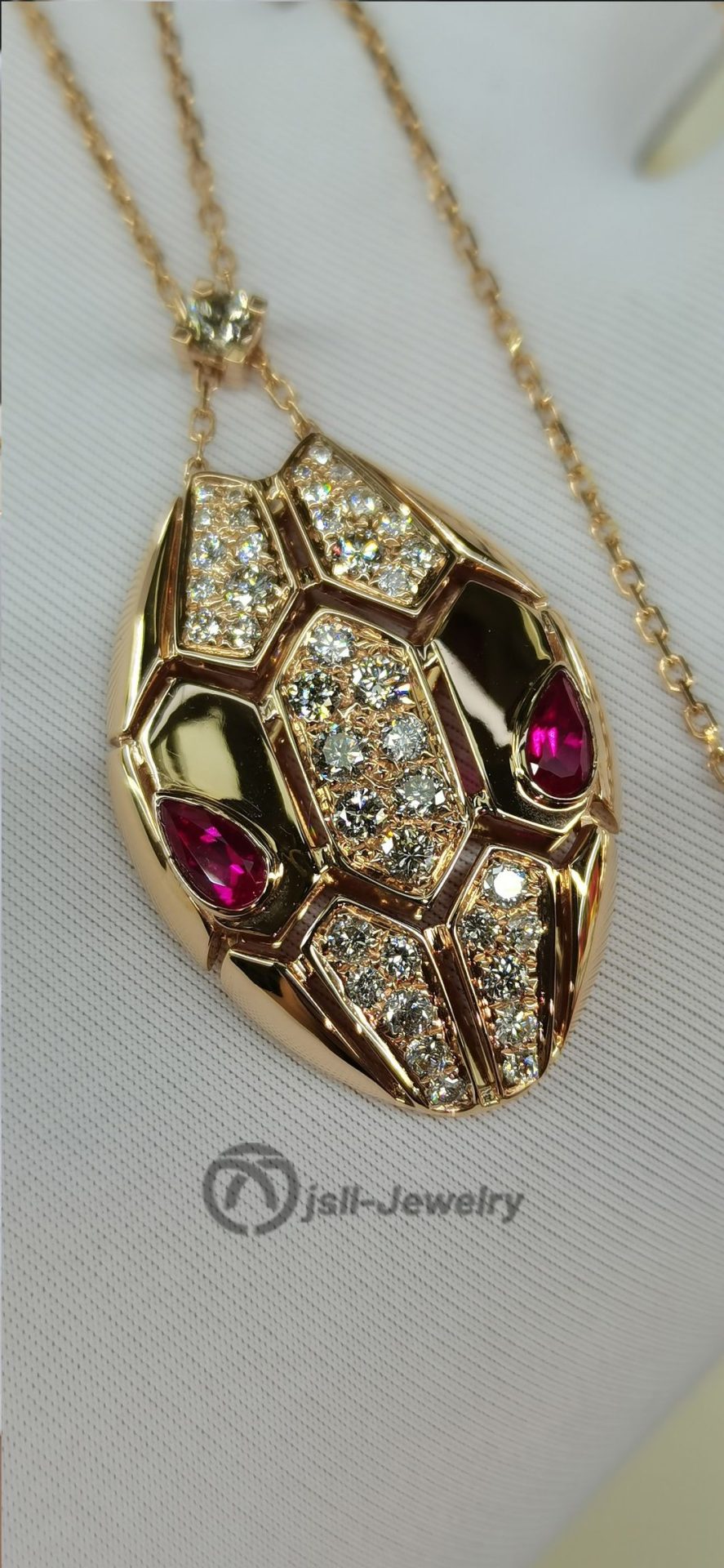 Jsll-Jewelry | 18K rose gold inlaid with diamonds, rubies, hollow snake head pendant necklace