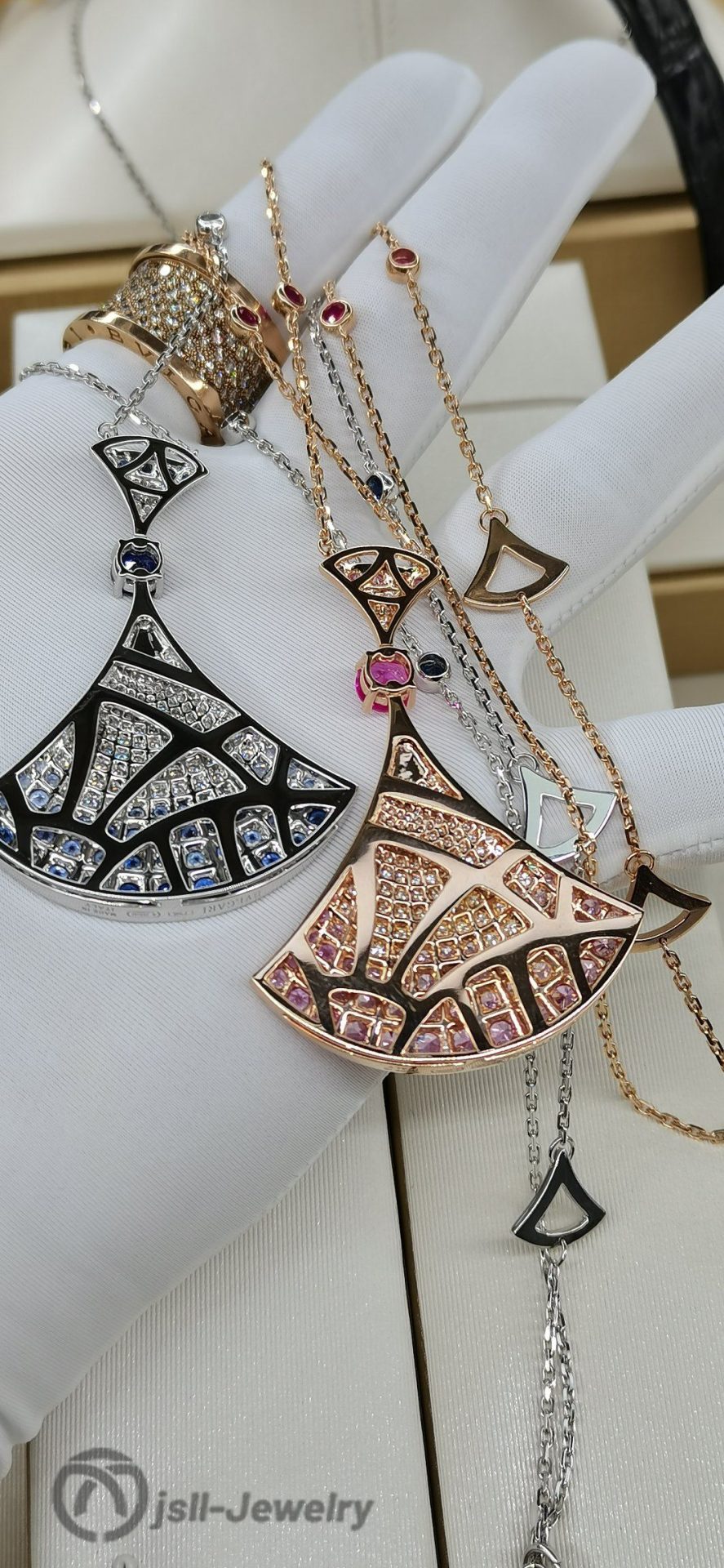 Jsll-Jewelry | 18K rose gold, white gold with diamonds, pink sapphires, sapphires, oversized skirt necklace