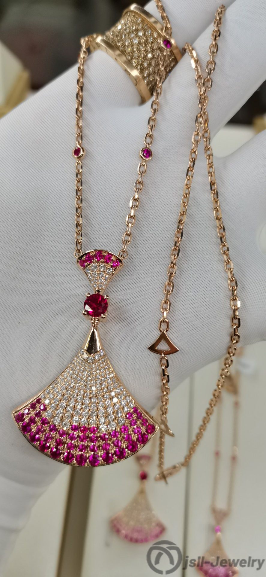 Jsll-Jewelry | 18K rose gold with diamonds, pink sapphires, oversized skirt necklace