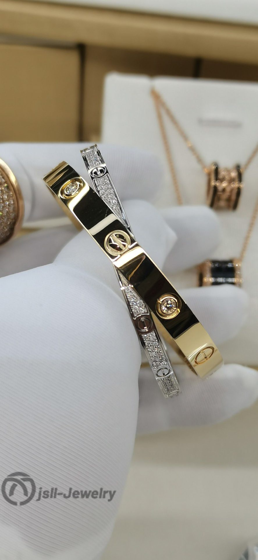 Jsll-Jewelry | 18K gold, 18K white gold with diamonds, wide and narrow combination bracelet