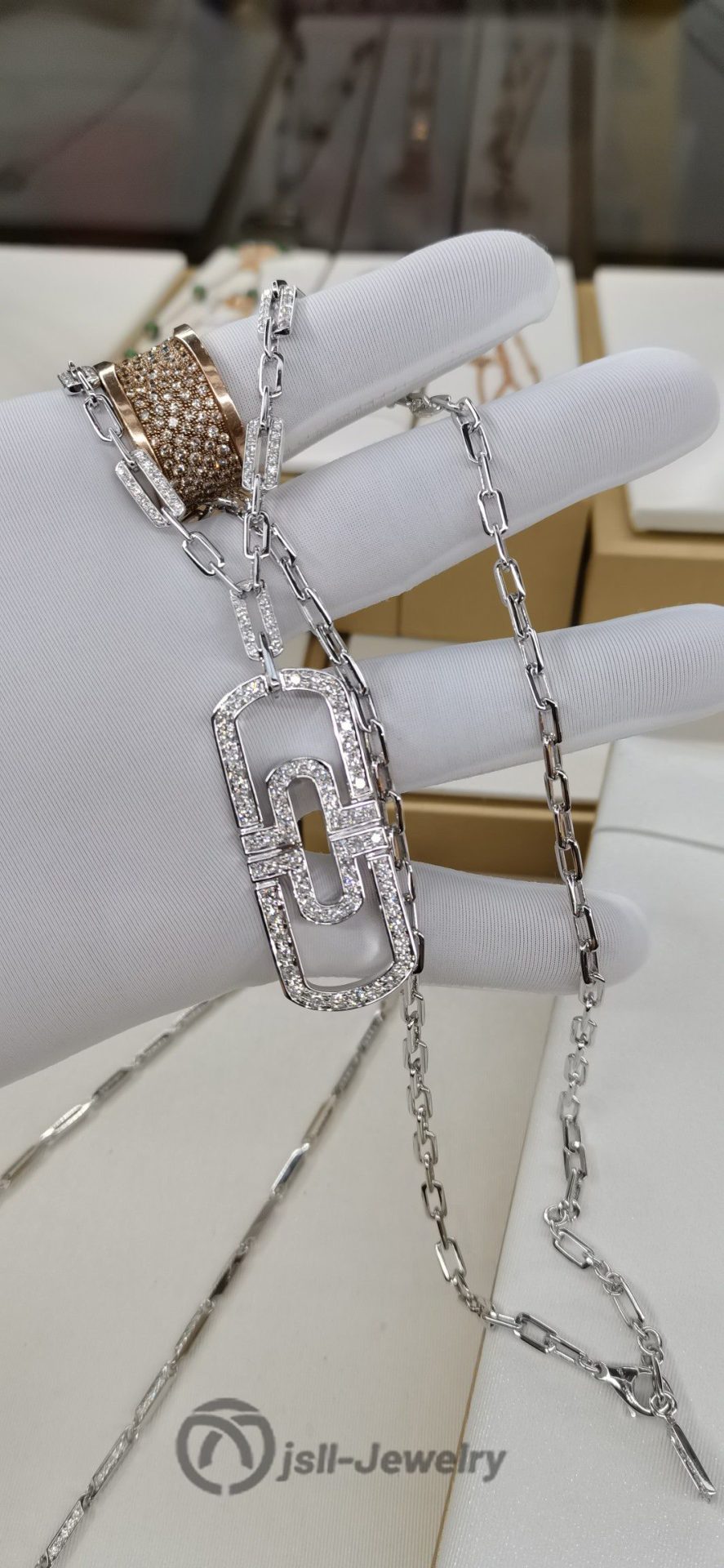 Jsll-Jewelry | 18K white gold with diamonds, paper-clip couple necklace