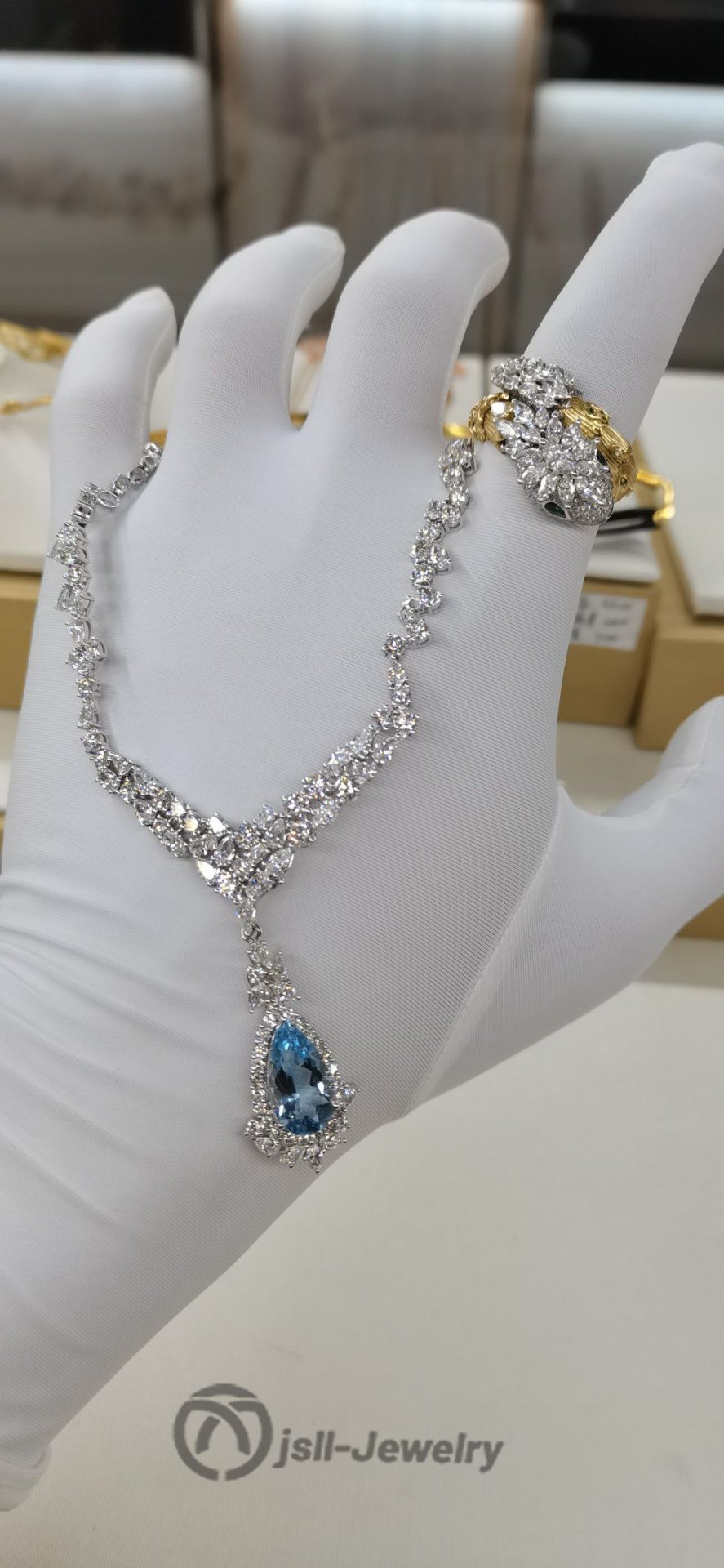 Jsll-Jewelry | 18K white gold, aquamarine, diamond necklace