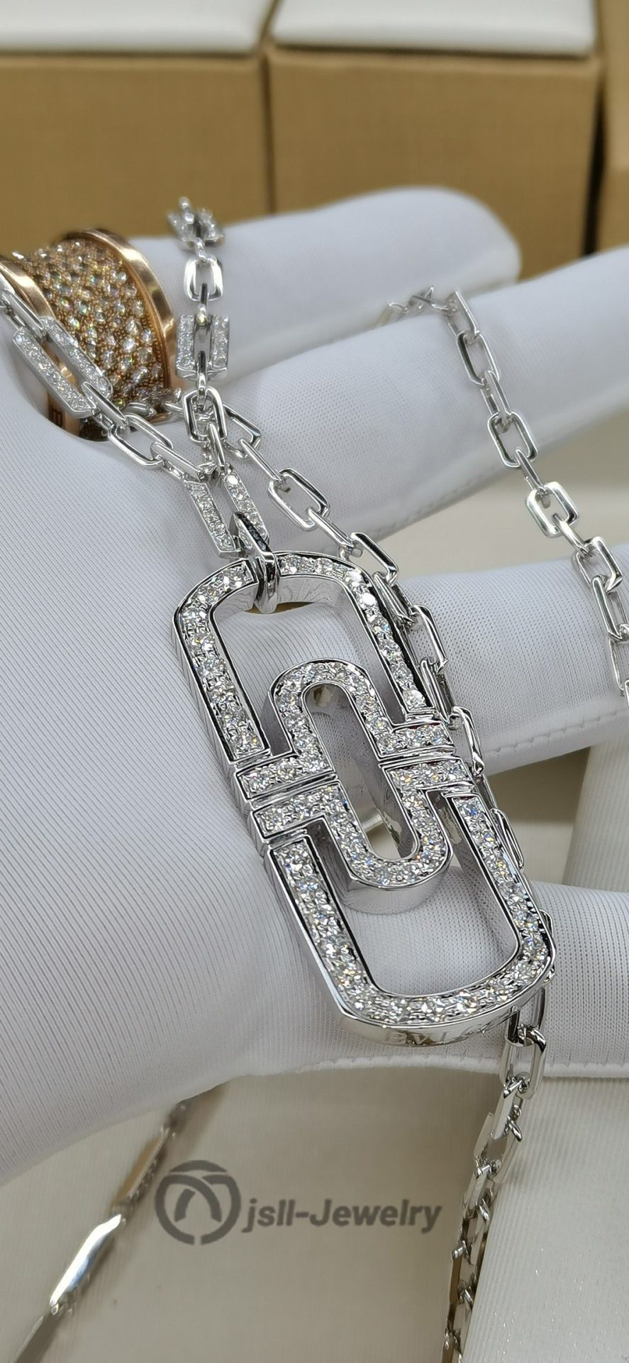 Jsll-Jewelry | 18K white gold with diamonds, paper-clip couple necklace