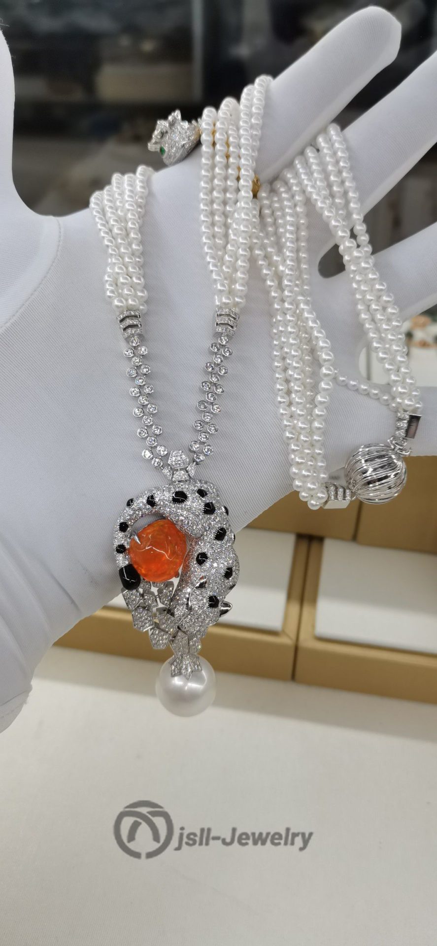 Jsll-Jewelry | 18K white gold with fire opal, diamonds, emeralds, pearls, leopard-head deluxe necklace