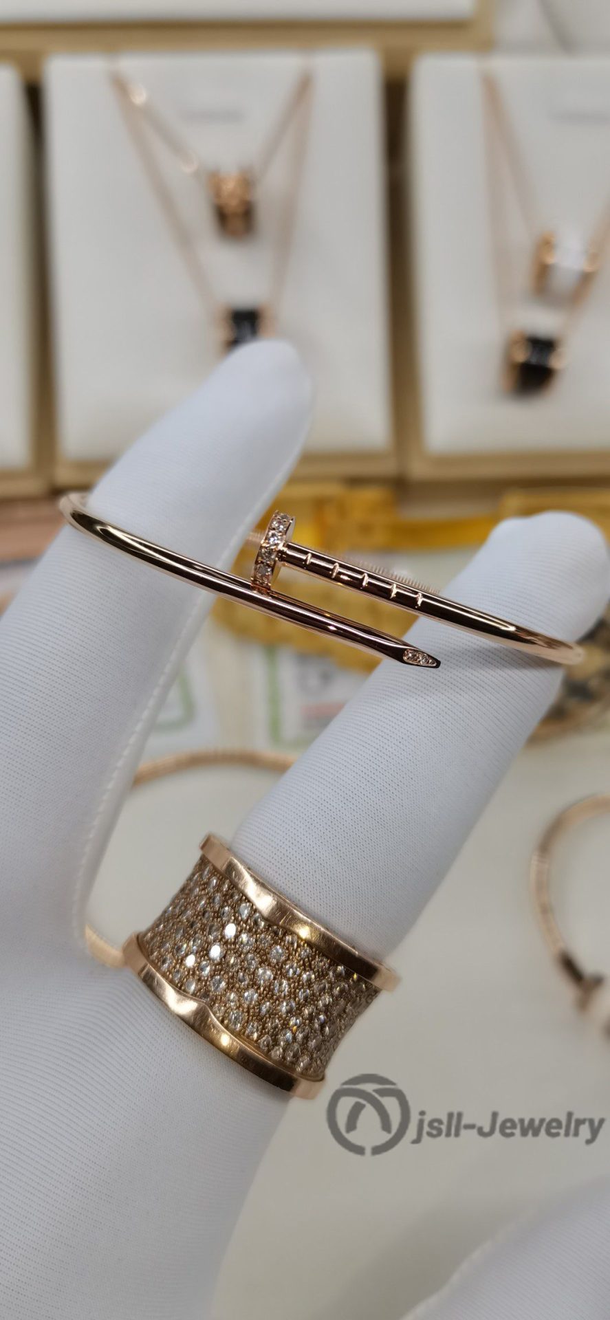 Jsll-Jewelry | 18K rose gold set with diamonds, light version iron nail bracelet