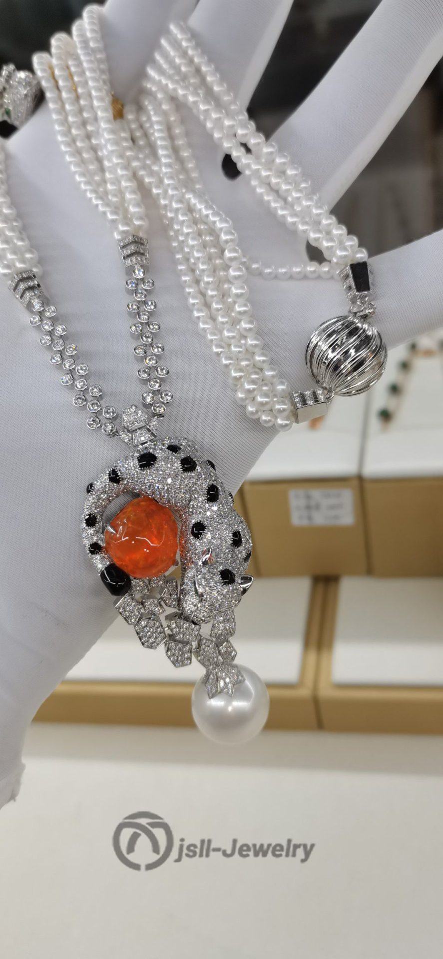 Jsll-Jewelry | 18K white gold with fire opal, diamonds, emeralds, pearls, leopard-head deluxe necklace