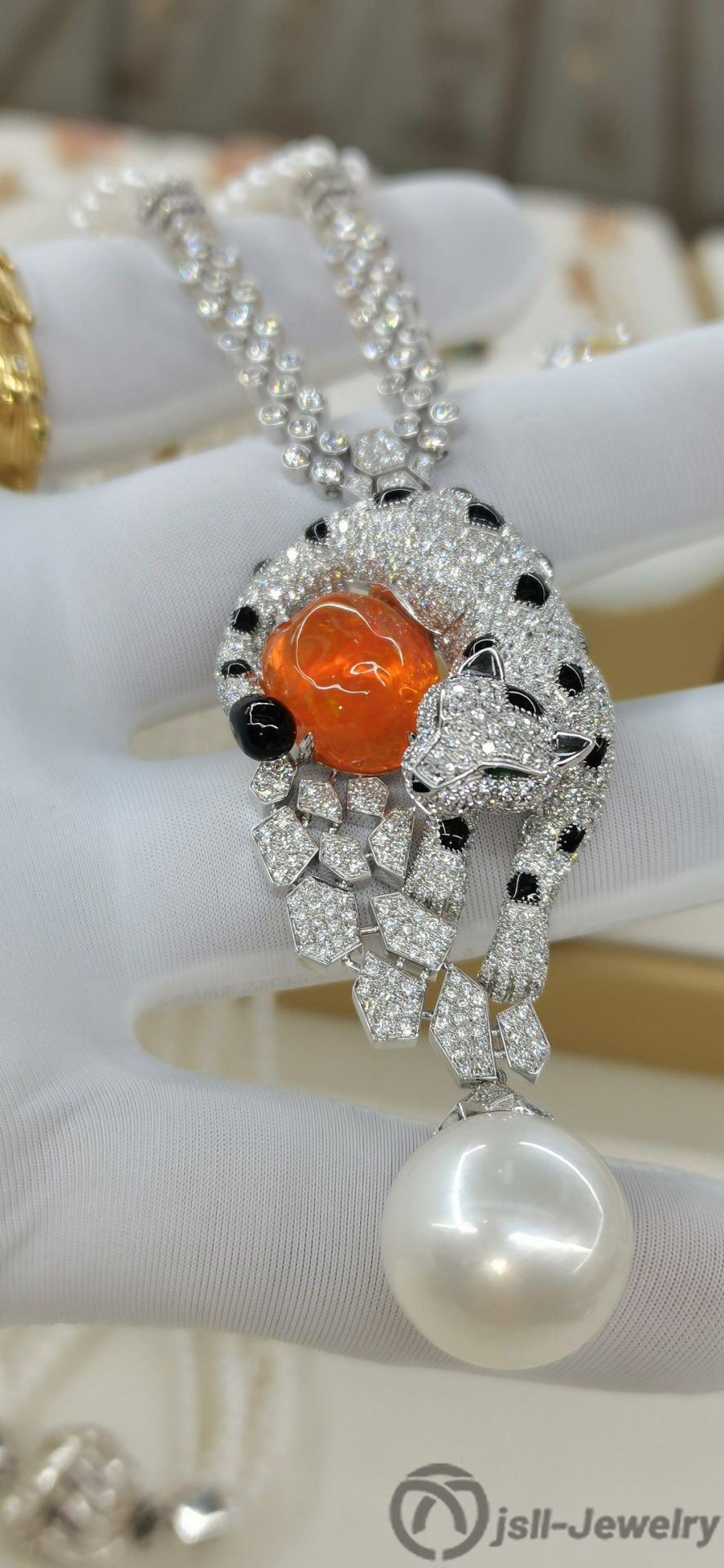 Jsll-Jewelry | 18K white gold with fire opal, diamonds, emeralds, pearls, leopard-head deluxe necklace