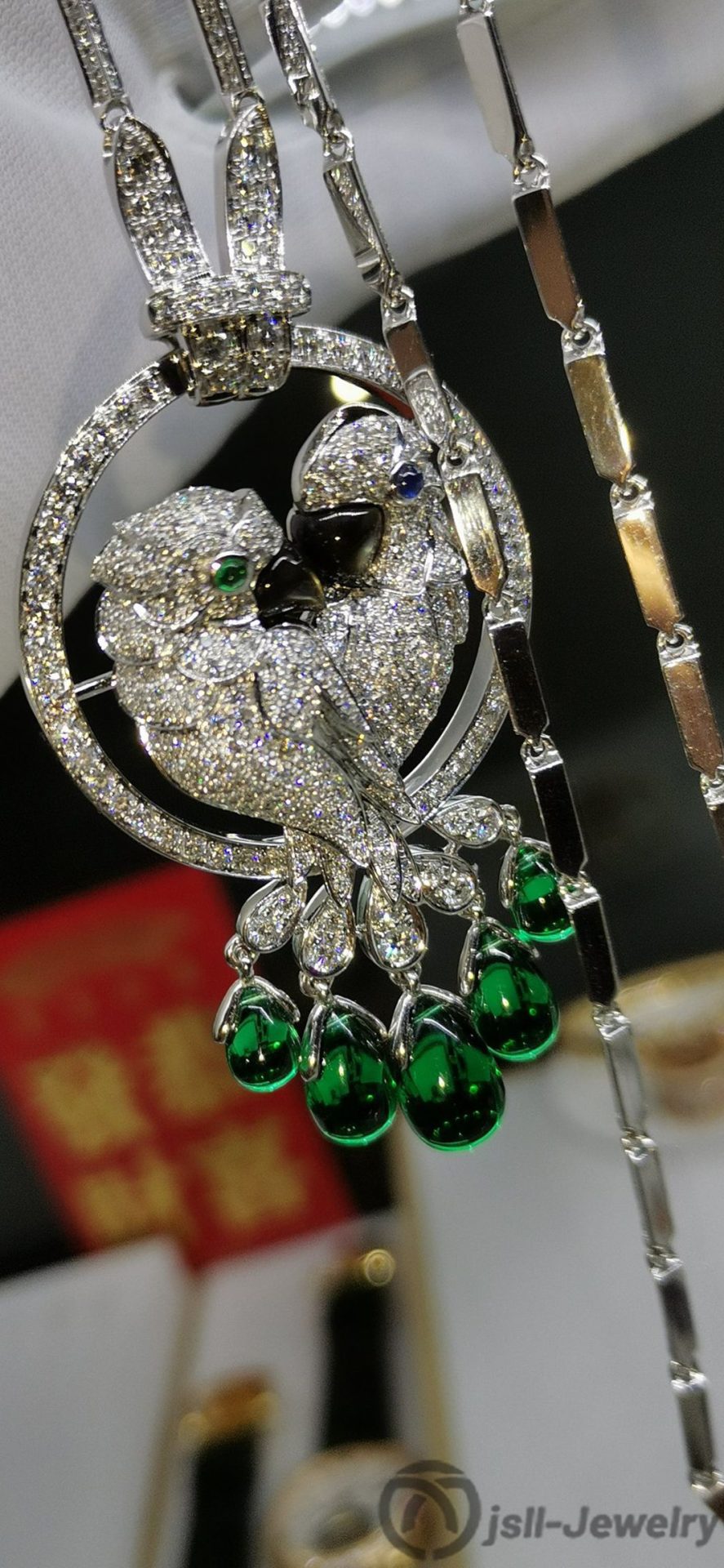 Jsll-Jewelry | 18K white gold with diamonds, precious stones, luxury parrot pendant necklace