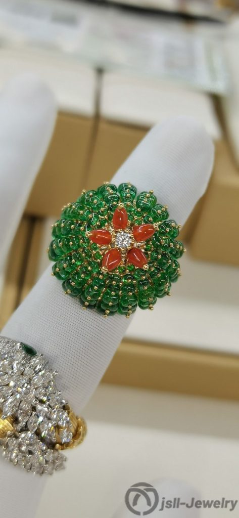 Jsll-Jewelry | 18K gold edition with emerald, orange agate, diamond oversized pineapple ring