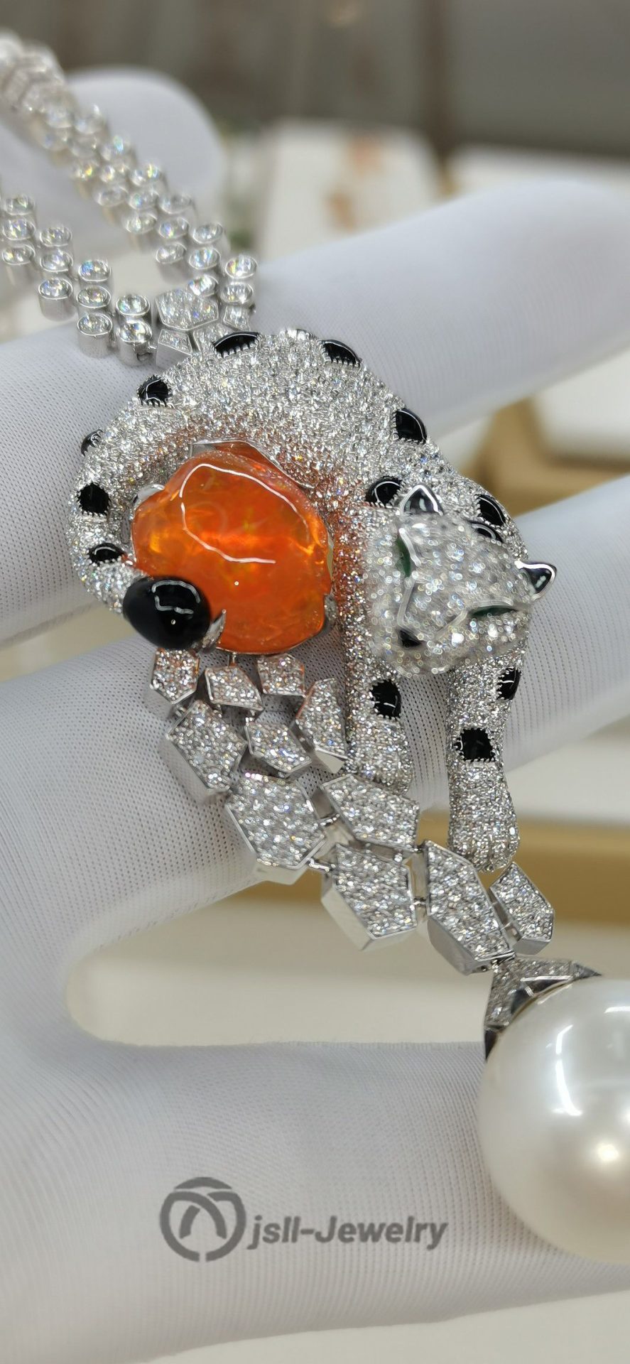 Jsll-Jewelry | 18K white gold with fire opal, diamonds, emeralds, pearls, leopard-head deluxe necklace