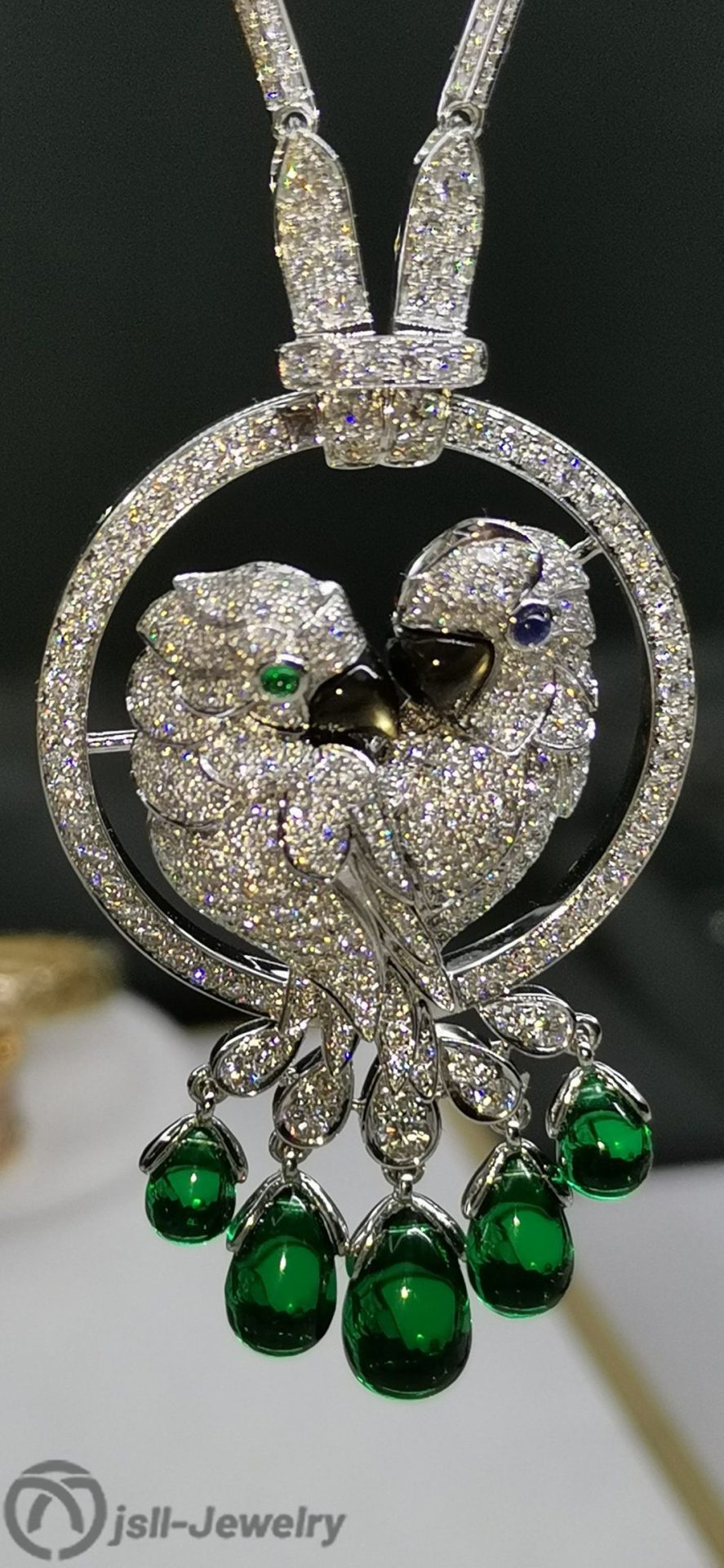 Jsll-Jewelry | 18K white gold with diamonds, precious stones, luxury parrot pendant necklace