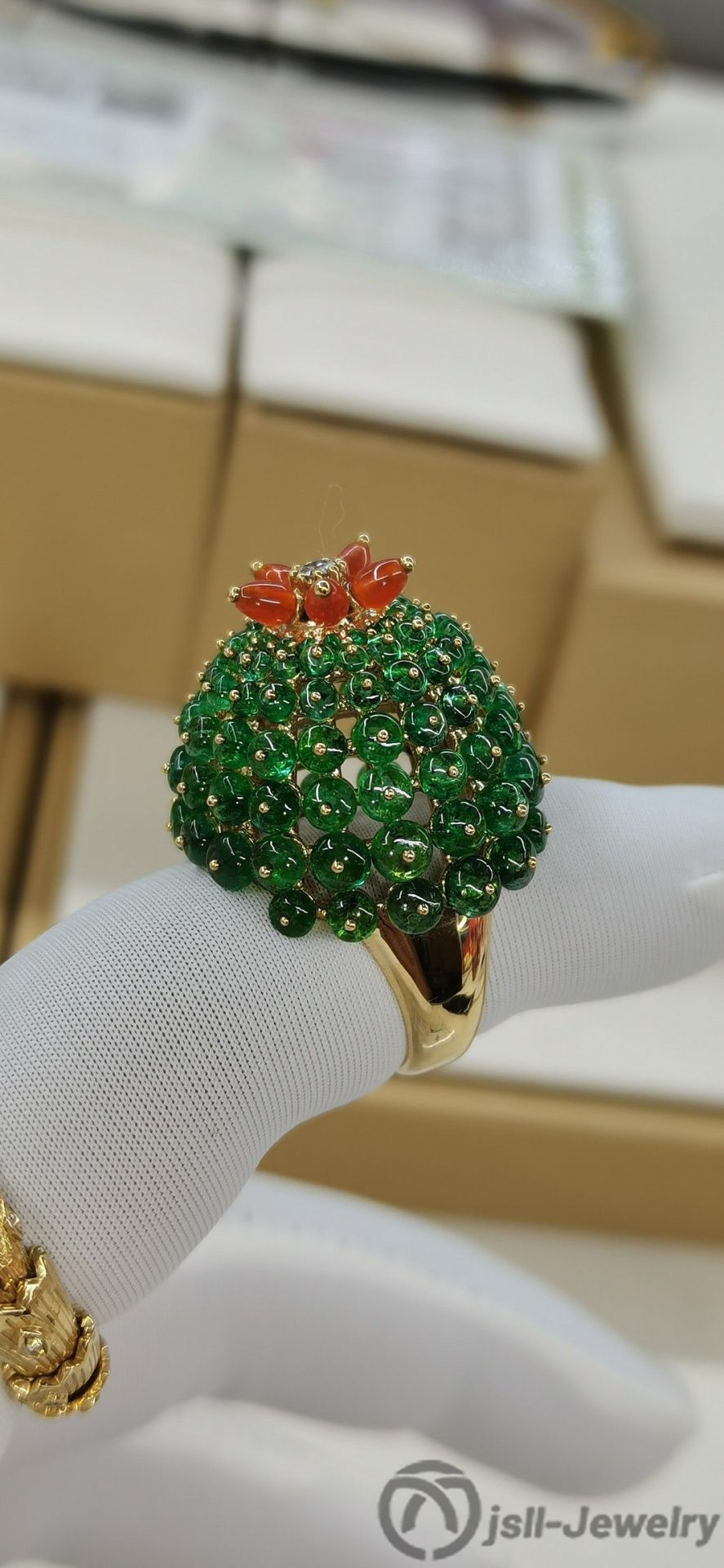 Jsll-Jewelry | 18K gold edition with emerald, orange agate, diamond oversized pineapple ring