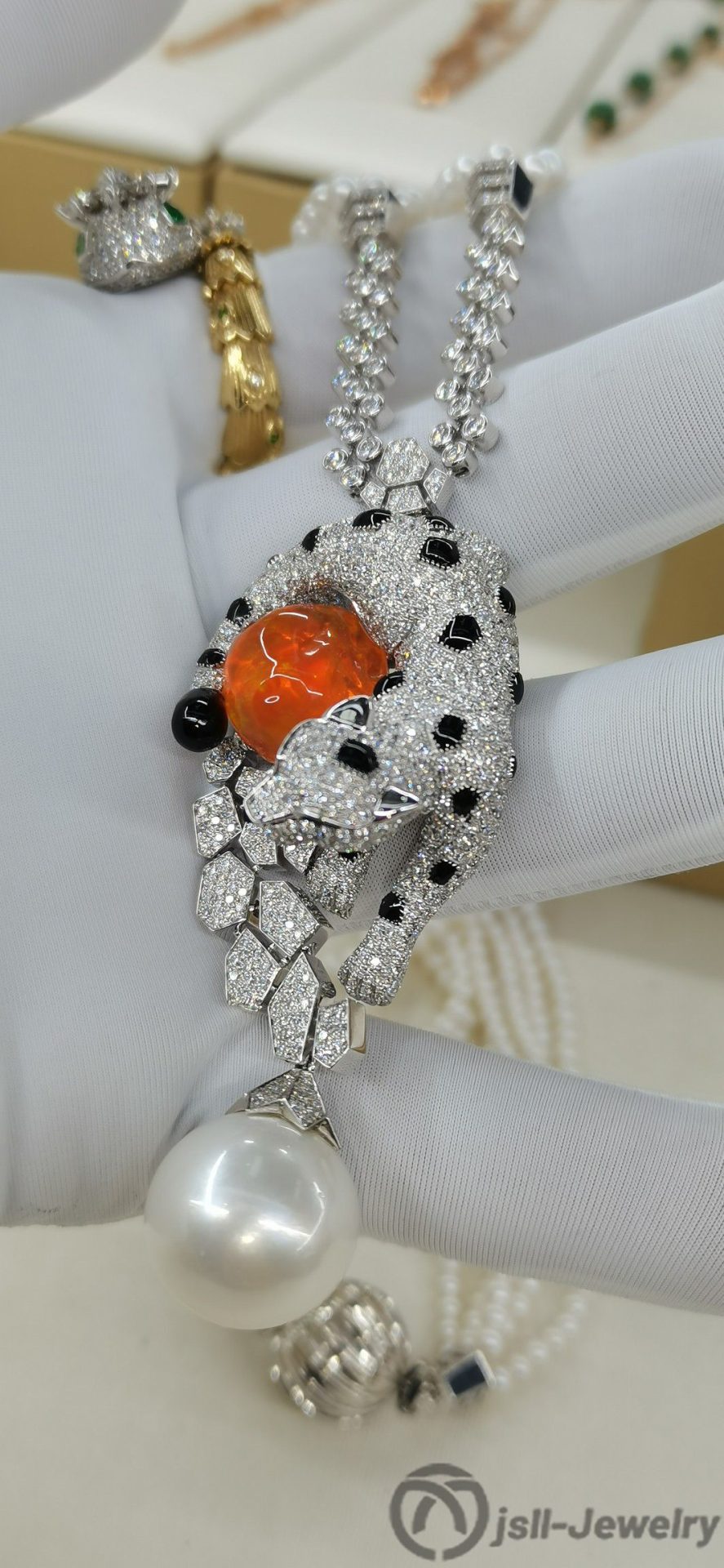 Jsll-Jewelry | 18K white gold with fire opal, diamonds, emeralds, pearls, leopard-head deluxe necklace