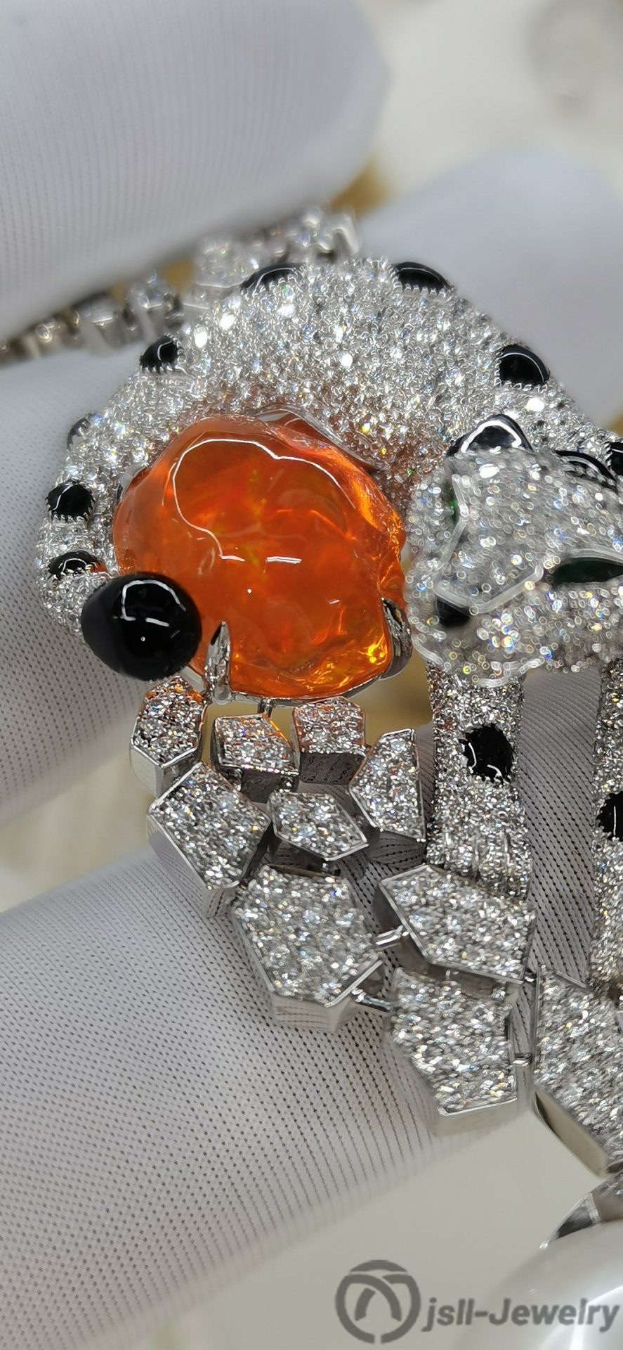 Jsll-Jewelry | 18K white gold with fire opal, diamonds, emeralds, pearls, leopard-head deluxe necklace