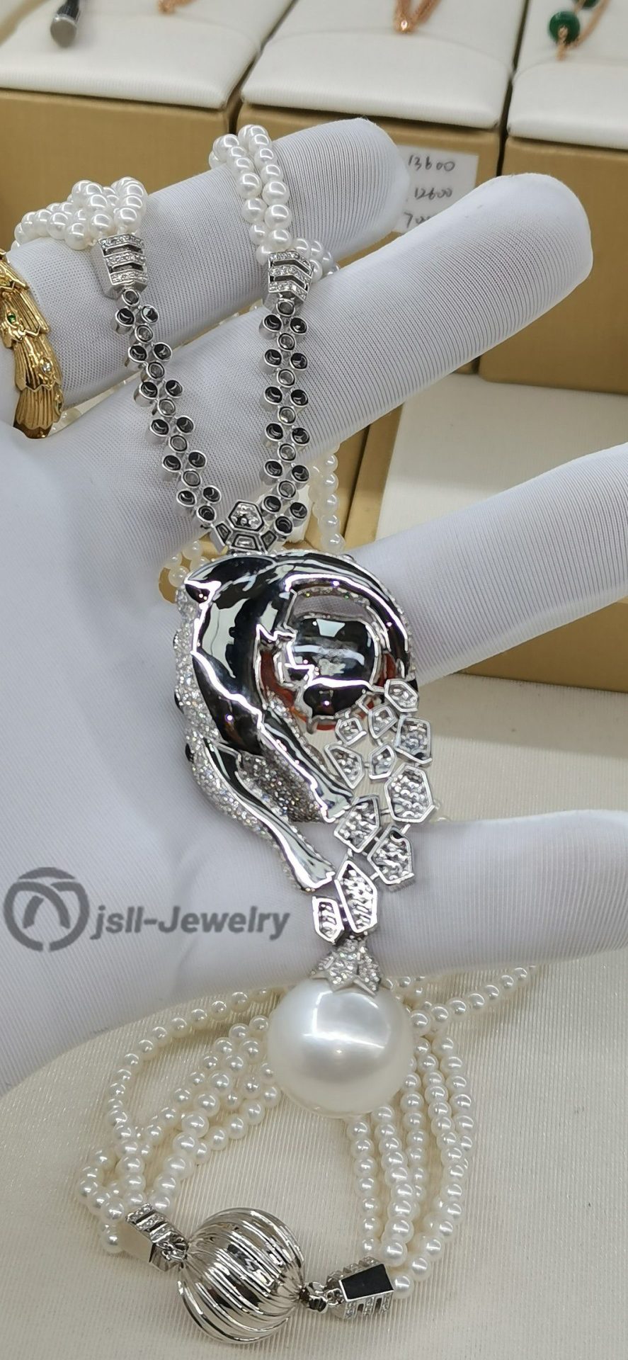 Jsll-Jewelry | 18K white gold with fire opal, diamonds, emeralds, pearls, leopard-head deluxe necklace