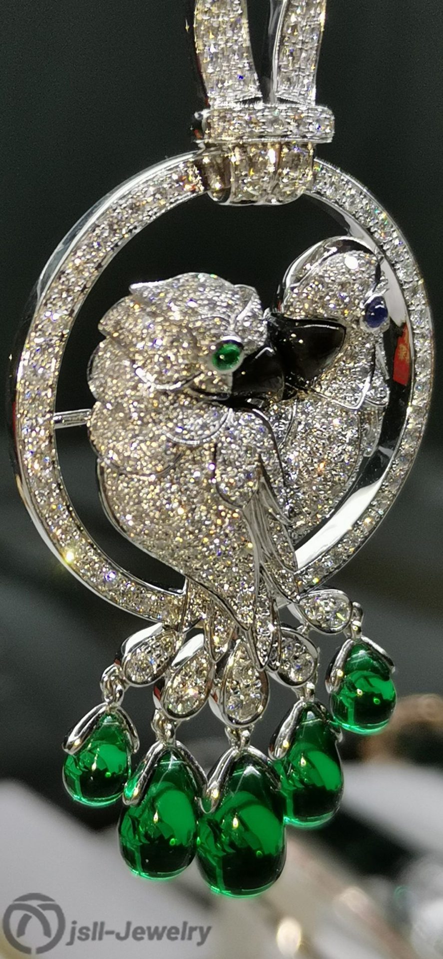 Jsll-Jewelry | 18K white gold with diamonds, precious stones, luxury parrot pendant necklace