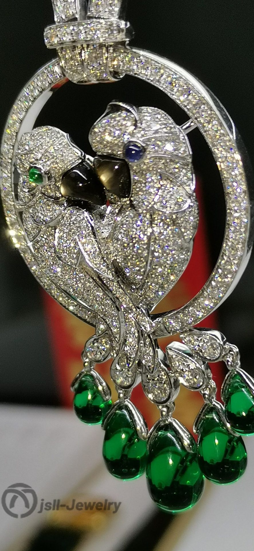 Jsll-Jewelry | 18K white gold with diamonds, precious stones, luxury parrot pendant necklace