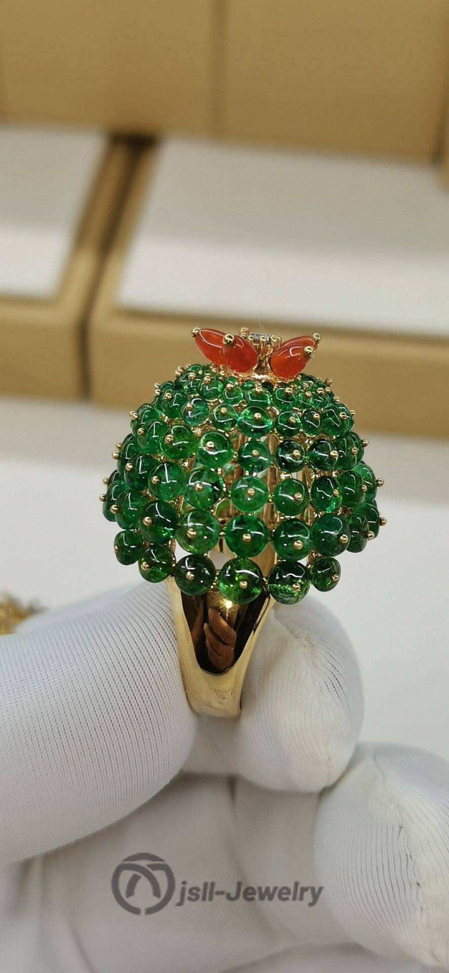 Jsll-Jewelry | 18K gold edition with emerald, orange agate, diamond oversized pineapple ring