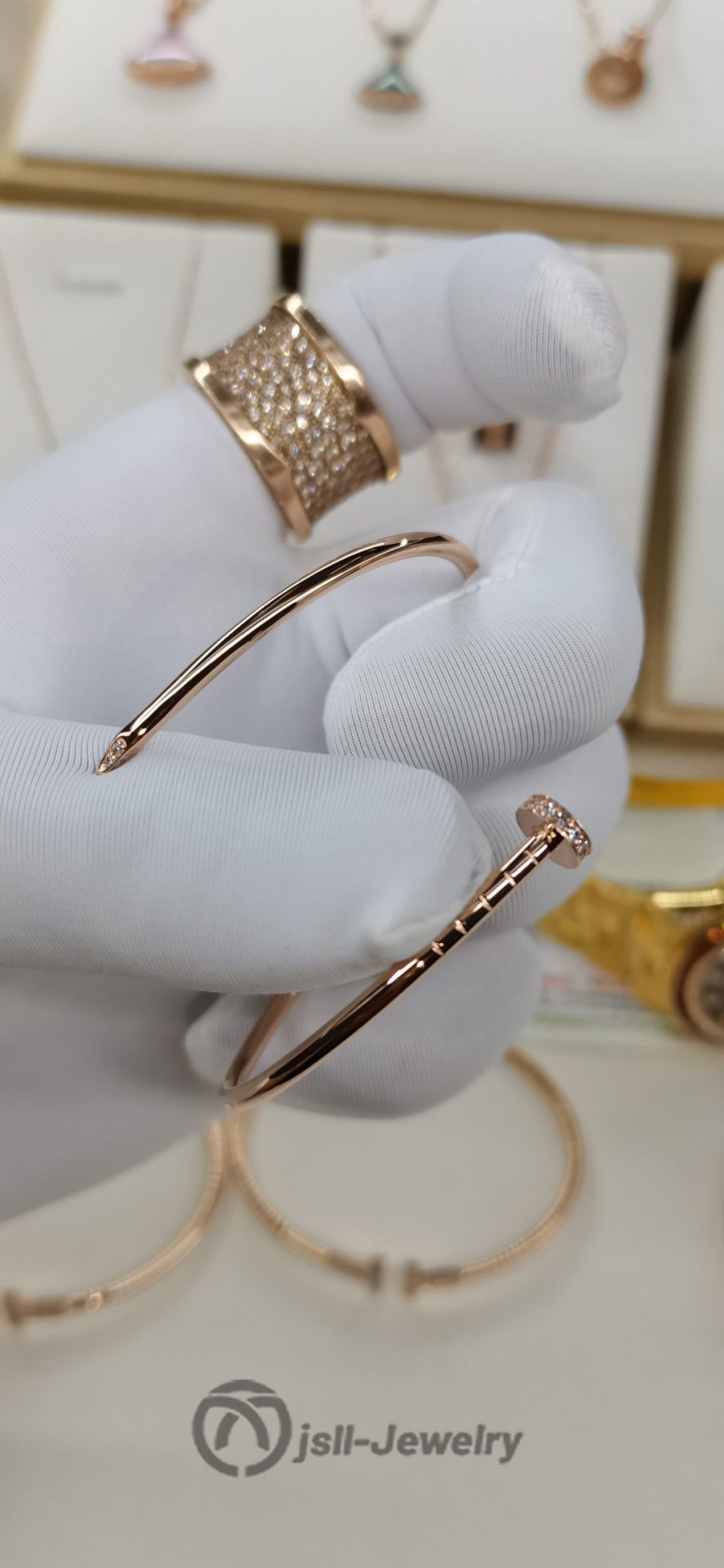 Jsll-Jewelry | 18K rose gold set with diamonds, light version iron nail bracelet