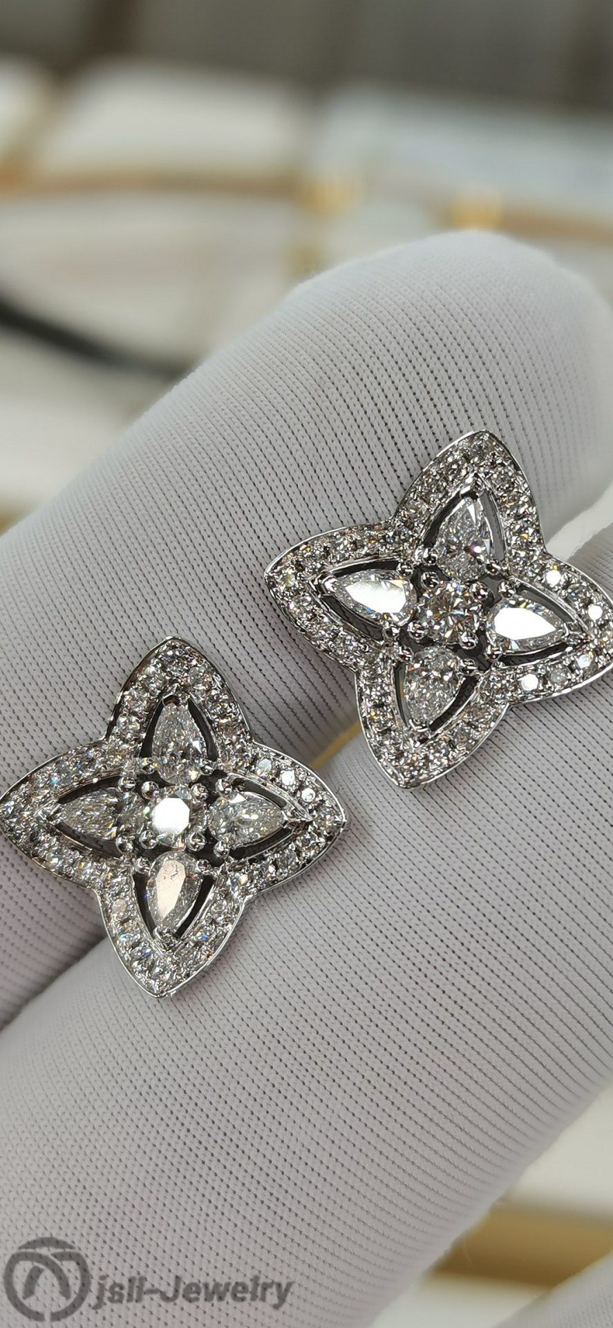 Jsll-Jewelry | 18K white gold set with diamonds, quadrangular drop diamond luxury earrings