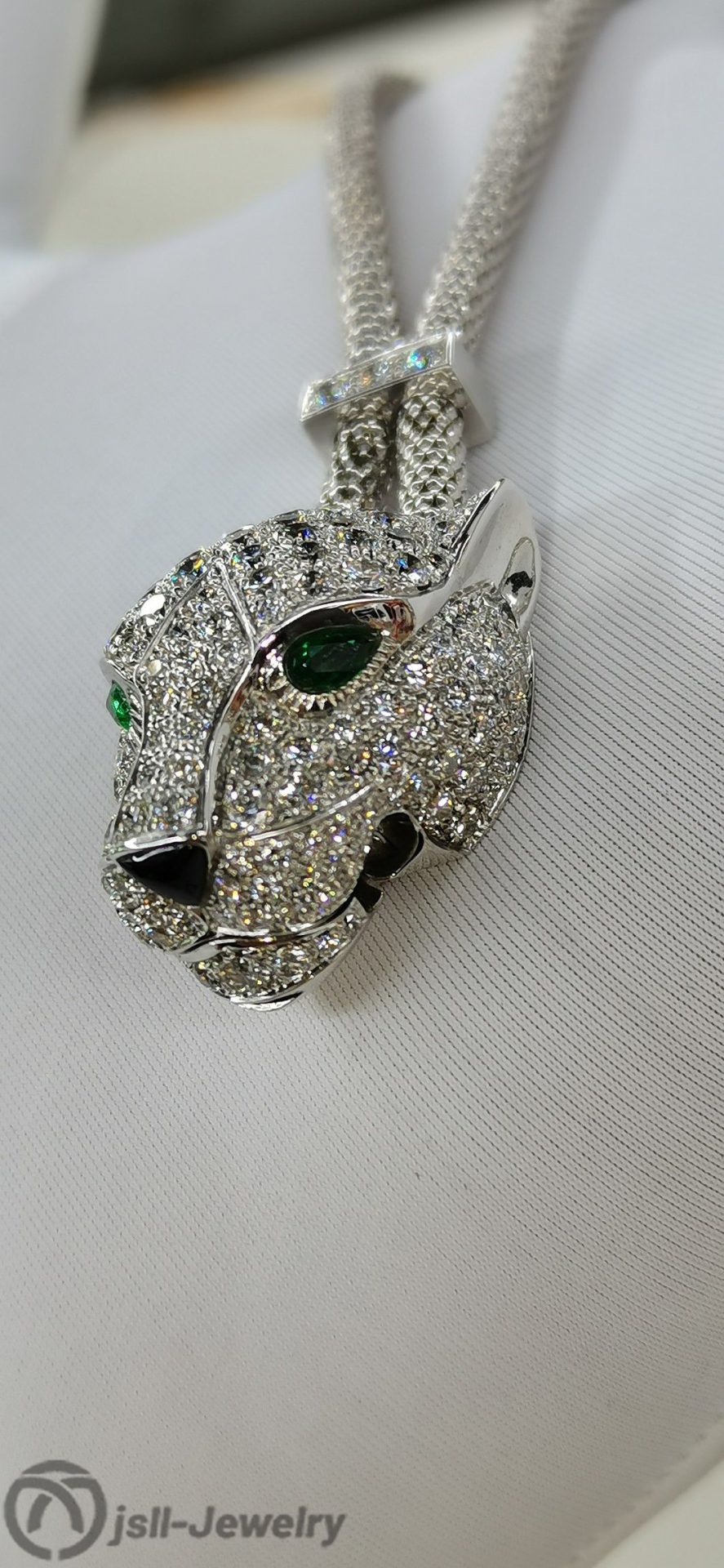 Jsll-Jewelry | 18K white gold and diamond-studded Leopard Head Necklace (Men's long chain)