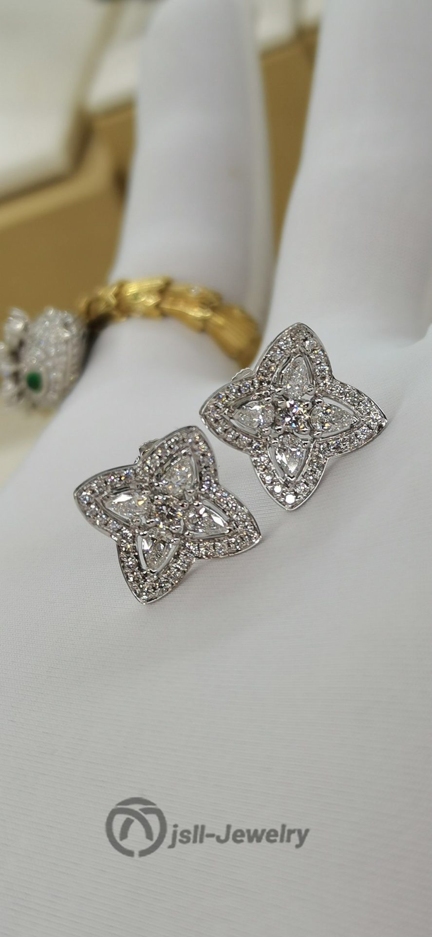 Jsll-Jewelry | 18K white gold set with diamonds, quadrangular drop diamond luxury earrings