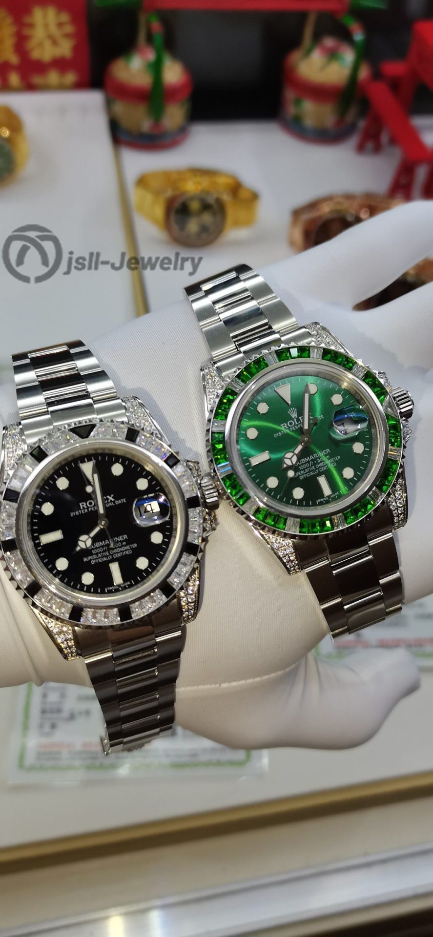 Jsll-Jewelry | Top gold craft watch：black, green water ghost platinum watch (gold plated)