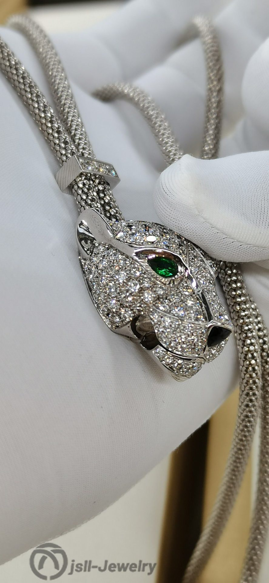 Jsll-Jewelry | 18K white gold and diamond-studded Leopard Head Necklace (Men's long chain)